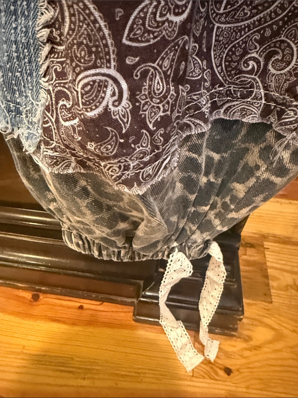 POL Patchwork Boho Drawstring Pants in Blue and Brown. NWOT - Picture 5 of 8